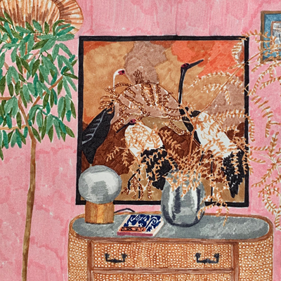 Illustrated interior with birds, flowers and a warm pink wall
