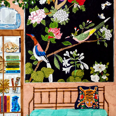 Illustrated black floral interior with birds, flowers and decorative objects