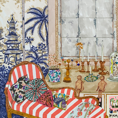 Illustrated room with a striped chaise longue, ceramics and textiles