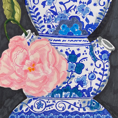 Illustrated glasshouse interior with blue floral windows and a chair