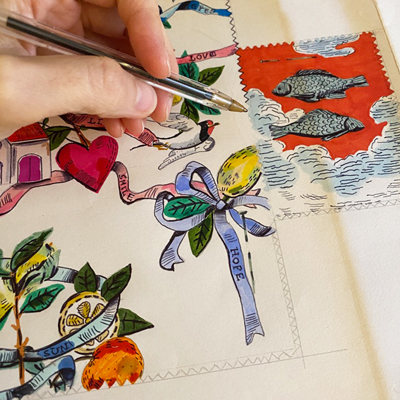 Hand drawing an illustrated scene with birds, flowers and decorative motifs