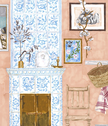 Illustrated interior with a fireplace, artwork, ceramics and flowers