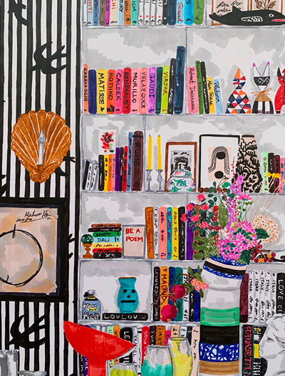 Colourful illustrated library filled with books and collected objects