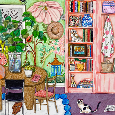 Illustrated pink room with blue-and-white tiles, paintings and warm walls