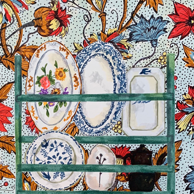 Illustrated collection of decorative plates surrounded by floral patterns