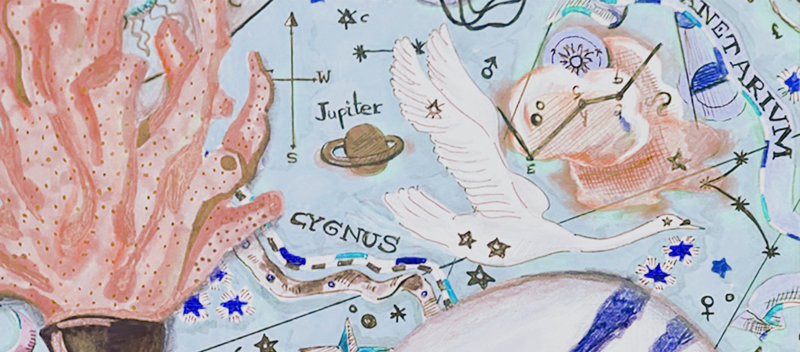 Detail of an illustrated imaginary interior with celestial motifs, birds and decorative objects