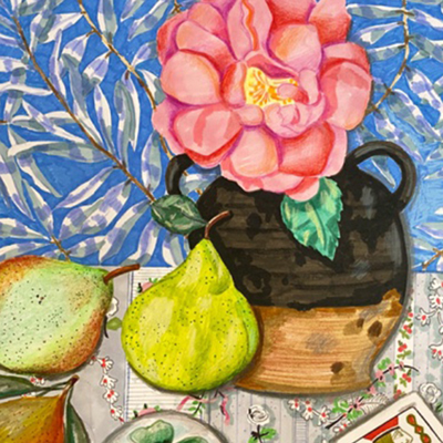 Illustrated still life with a blue vase, large pink flower and pears