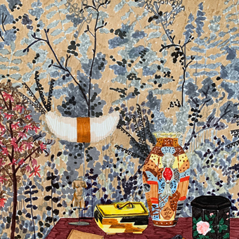 Illustrated interior detail with patterned wallpaper, flowers and collected objects