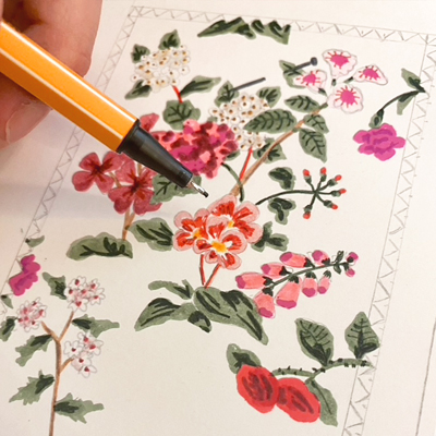 Hand drawing floral motifs for a textile design