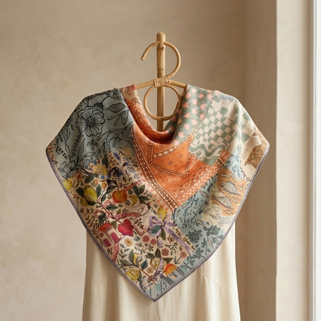 Light coloured printed silk scarf with illustrated botanical and landscape motifs