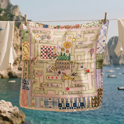 Illustrated textile panel photographed outdoors by the sea